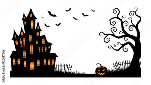 Spooky Silhouette: An eerie silhouette of a haunted house, complete with bats, an ominous tree, and a grinning jack-o'-lantern, evokes a sense of Halloween thrill and chill.