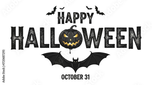 Happy Halloween: Halloween spirit come alive, with a carved pumpkin, bats, and the date, conveying an eerie atmosphere.