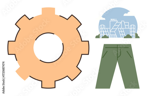 Gear for industry, shopping mall for retail, and trousers for apparel. Ideal for themes thumbs up production, commerce, fashion, manufacturing, mechanical process, consumer culture simple flat