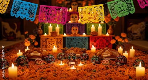 Vibrant day of the dead altar adorned with colorful papel picado candles and offerings.