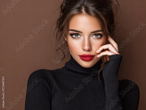 beautiful, elegant woman in a black turtleneck and red lipstick posing on a brown background, looking at the camera