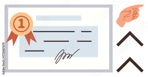 Certificate featuring an award ribbon, signature, and direction pointing gesture. Ideal for education, completion, certification, achievement, approval motivation success. Simple flat metaphor