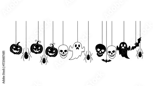 Spooky Halloween Garland: A collection of spooky Halloween-themed elements like pumpkins, ghosts, and spiders, artfully arranged on strings, set against a dark background.