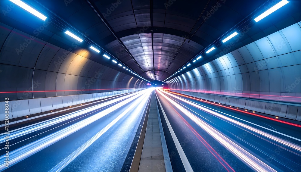Obraz premium A long exposure shot of a modern urban tunnel at night. Streaking light trails from headlights and taillights create a dynamic sense of motion and speed
