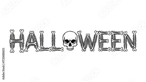 Halloween Bone Text: An intricately designed wordmark that is Halloween in bone-like lettering, complete with a skull in the center, on display for the most spooktacular season. 