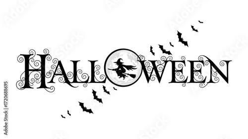 Halloween Silhouette: The iconic silhouette design, perfect for Halloween, showing the words Halloween, witch on a broomstick and silhouette of bats, conjures the spirit of Halloween.