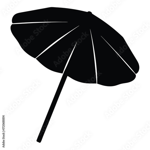 Black silhouette illustration of an open beach umbrella providing shade outdoors