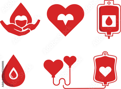 Red Icons for Blood Donation and Healthcare blood bag