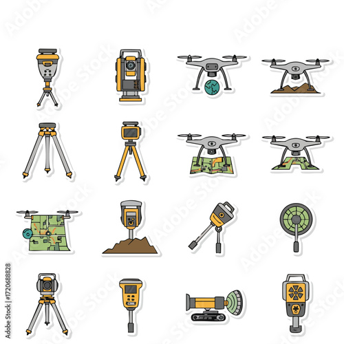 A collection of modern surveying and geodetic equipment icons, featuring drones, total stations, tripods, and GPS for precise land mapping.