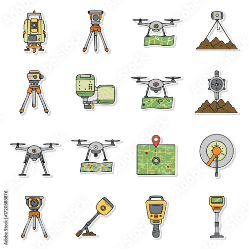 Modern land surveying and geomatics equipment icons, featuring total stations, drones, and GPS devices, vital for precise mapping and construction.