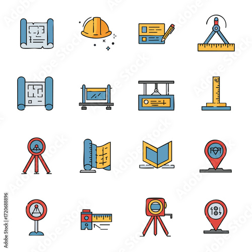 A vibrant collection of flat design vector icons illustrating essential tools and concepts for architecture, construction, engineering, and surveying.