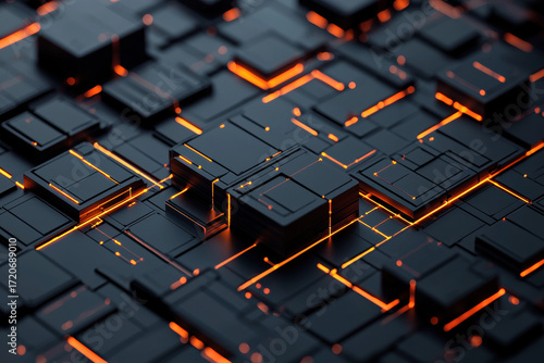 Data visualization connectivity network concept with glowing orange lines and futuristic black geometric blocks creating digital atmosphere