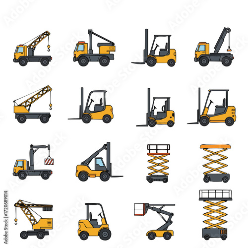 A comprehensive collection of various industrial lifting and material handling equipment, featuring diverse forklifts, cranes, and scissor lifts, depicted in a modern flat design.