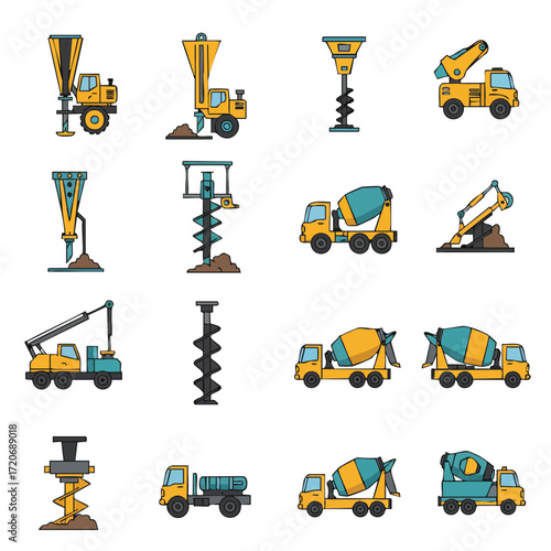A comprehensive collection of various heavy construction vehicles and specialized drilling equipment depicted in a modern flat design style, perfect for industrial projects.