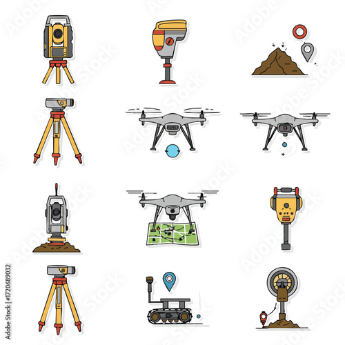 A comprehensive collection of modern surveying and geodetic equipment icons, showcasing tools for precise land measurement, mapping, and construction site analysis.