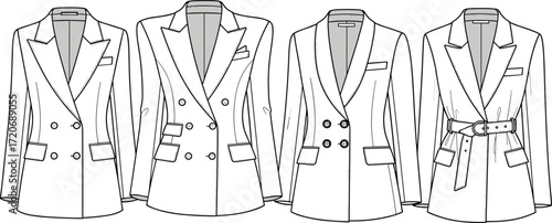 Cad drawing flat vector illustration of women’s blazer jacket collection with lapel collar, button details, pockets, belt waist, fashion design