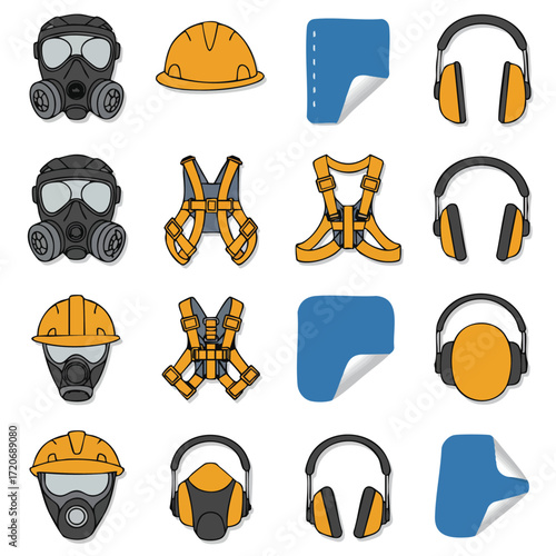 A comprehensive vector icon set of essential personal protective equipment, featuring hard hats, respirators, safety harnesses, and ear protection, vital for workplace safety.