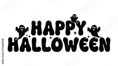 Happy Halloween: Spooky letters and ghost illustration perfect for Halloween-themed designs. An exciting graphic, conveying festive cheer and playful fright. 