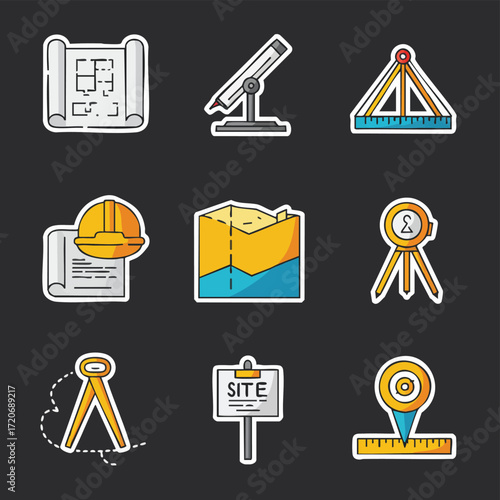 A vibrant collection of flat design icons representing essential tools and concepts for land surveying, civil engineering, and architectural design.