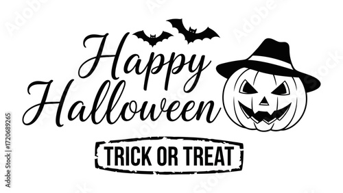 Happy Halloween Wishes: A creative, handcrafted, spooky image of Happy Halloween message, with a Jack-o'-lantern wearing a hat, and flying bats set on a white background.