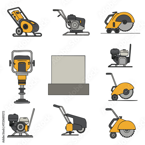 A comprehensive vector icon set illustrating essential heavy construction equipment, featuring plate compactors, tamping rammers, and powerful concrete cutting saws.