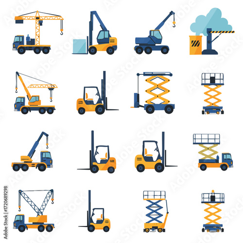 Flat design vector icons of construction and industrial machinery: cranes, forklifts, and aerial work platforms, crucial for building and logistics.