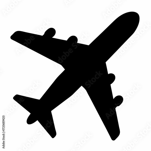 Black silhouette of commercial airplane for travel transportation on white background