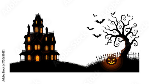 Spooky Halloween Scene: A captivating illustration showcasing a silhouette of a haunted house on a grassy hill. Eerie scene with a gnarled tree and a carved pumpkin.