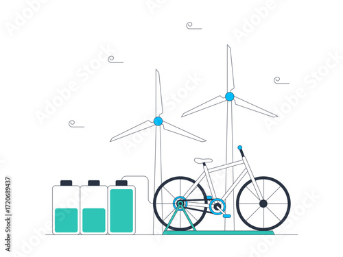 Windmills as wind power generators that can be used for daily activities such as charging batteries and electric bicycles. Green energy vector illustration. Flat illustration.
