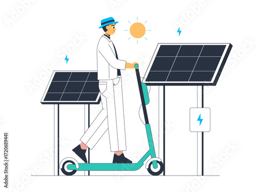 Bilde på lerret Solar panels generating electrical energy for electric scooter ridden by man