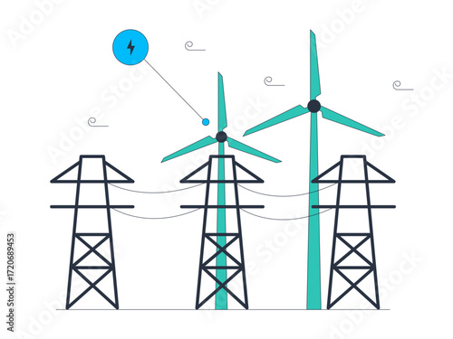 Windmills rotate with the wind blowing to channel electrical energy to the surrounding electricity towers.. Green energy vector illustration. Flat illustration.