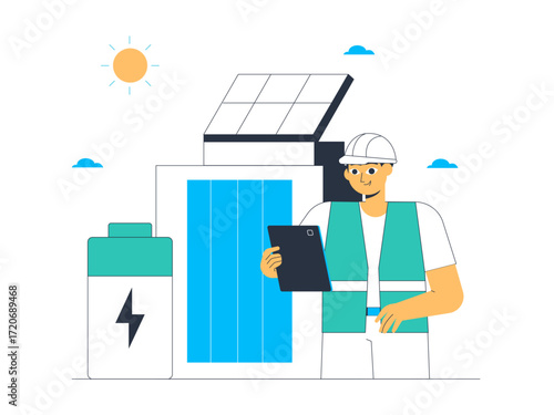 Solar panel expert controls the operation of solar panels which are the centre of electrical energy. Green energy vector illustration. Flat illustration.
