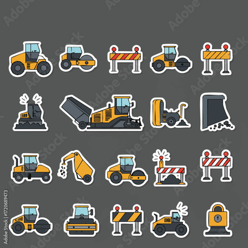 A comprehensive collection of vibrant cartoon-style construction vehicle and road work equipment stickers, perfect for illustrating infrastructure projects and urban development.