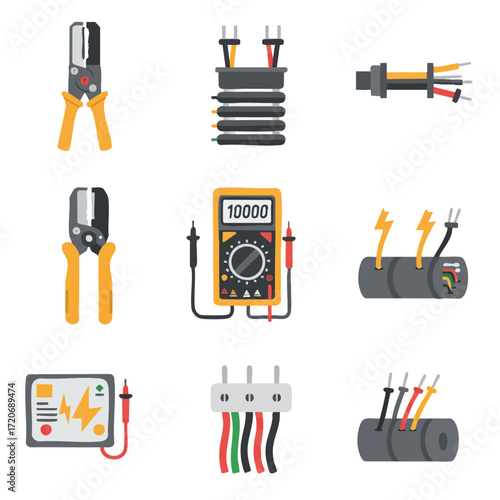 A curated collection of flat design vector icons depicting essential electrical tools, wiring components, and measurement devices for modern technology.