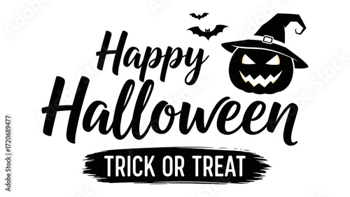 Φωτογραφία Happy Halloween Greeting Card: A festive graphic design with a jack-o'-lantern wearing a witch's hat and bats, celebrating the joy and excitement of Halloween
