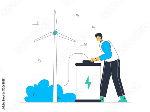 Windmills can be used as backup energy in producing electrical energy. Green energy vector illustration. Flat illustration.