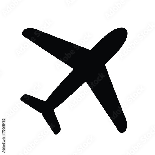 Silhouette of an airplane in flight seen from above on white background