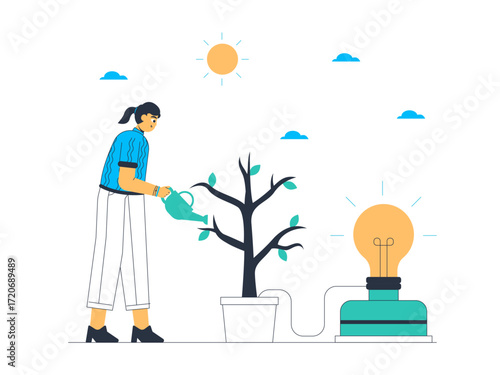 Biomass can produce alternative energy such as electrical energy to light the lights. Green energy vector illustration. Flat illustration.
