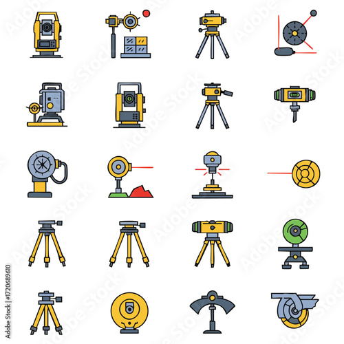 Essential vector icons for surveying, engineering, and construction, featuring total stations, levels, and tripods, crucial for precise measurement and site planning.