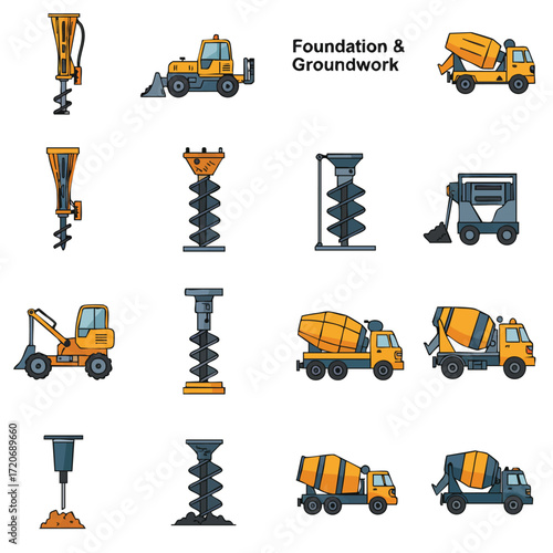 A comprehensive collection of vector icons showcasing various heavy construction machinery and equipment essential for foundation and groundwork projects.