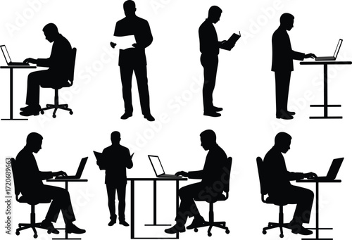 Office silhouettes, workplace posture, business activity, desk job, professional scene, coworking icon, laptop task, corporate figure