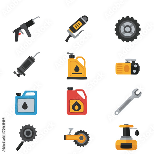 Flat icons of automotive and industrial tools: grease guns, oil cans, gears, and wrenches, essential for mechanical maintenance and repair tasks.