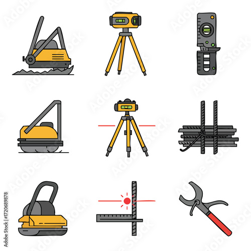 A comprehensive set of modern construction and surveying equipment icons, featuring plate compactors, laser levels, tripods, and essential building tools, rendered in a clean flat design.