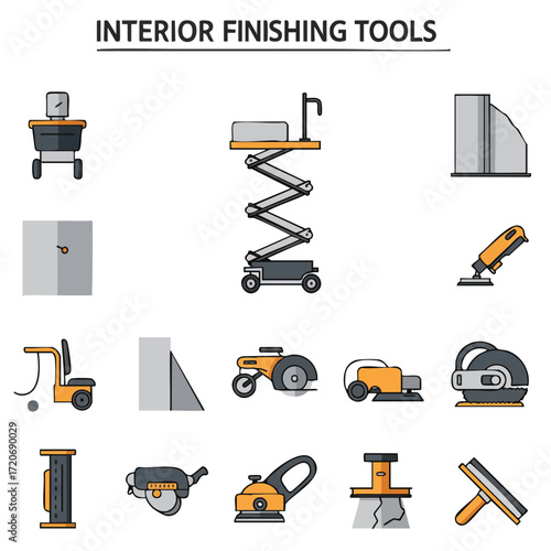 The image displays a comprehensive collection of specialized tools essential for various interior finishing, construction, and renovation projects.