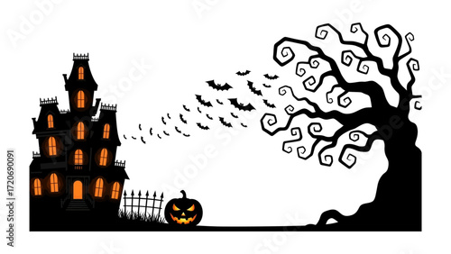 Spooky Halloween Night: A chilling illustration captures a haunted mansion, surrounded by a swarm of bats, a gnarled tree and a carved jack-o'-lantern, setting the scene for a night of eerie delights.