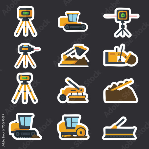 A modern flat design vector sticker set showcasing construction and surveying equipment, including excavators, bulldozers, and laser levels on tripods.