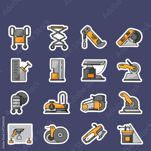 A collection of various industrial tools and machinery icons, perfect for illustrating workshop processes or manufacturing concepts.
