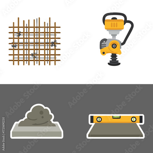 This illustration showcases essential construction elements including rebar, a plate compactor, wet concrete, and a spirit level, vital for building projects.