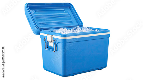 blue portable ice chest cooler box opened on white background