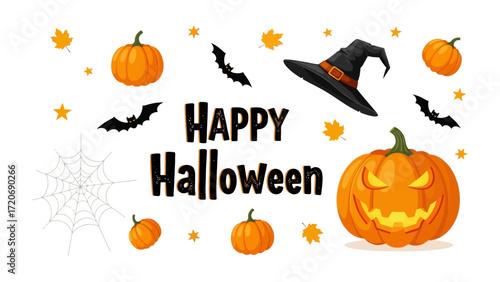 Spooky Halloween Scene: A vibrant Halloween-themed design with pumpkins, bats, a witch hat and a grinning Jack-o'-Lantern. Celebrate the spooky season with a festive image